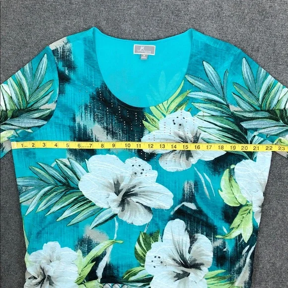JM Collection Teal Tropical Floral Scoop-Neck Blouse Flowy Sleeves Sz 1X (V1) - Picture 8 of 10